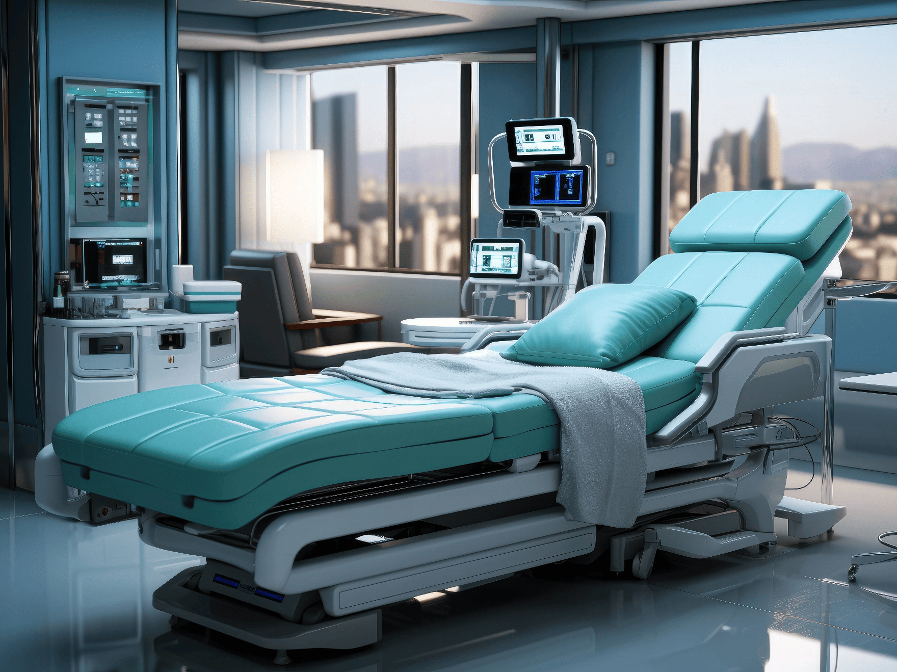 Teal hospital bed with equipment surrounding it, the bed is located in a room in a high rise building with the city skyline in view out the window